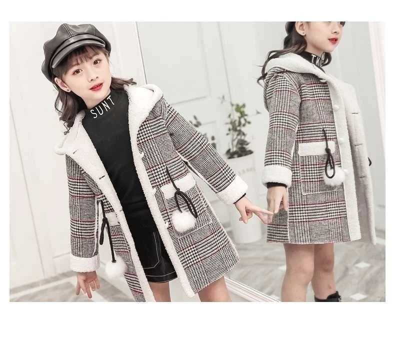 2024 Fashion Design Autumn Winter parka Girl Hairy clothes Long Woolen Coat for Kids Outerwear Grid pattern Padded Warm clothing