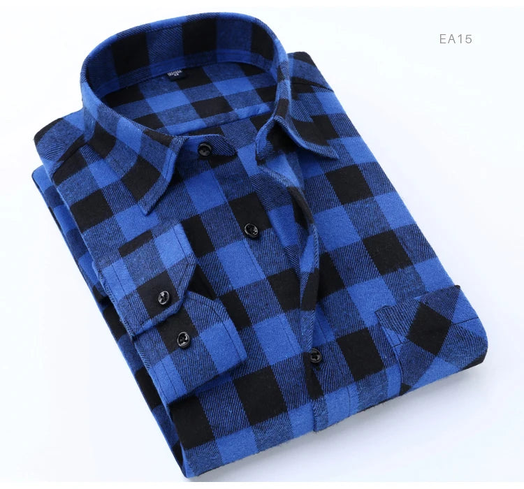 Men's Slim-fit Casual Brushed Flannel Contrast Plaid Shirt Single Patch Chest Pocket Comfortable Soft Long Sleeve Gingham Shirts