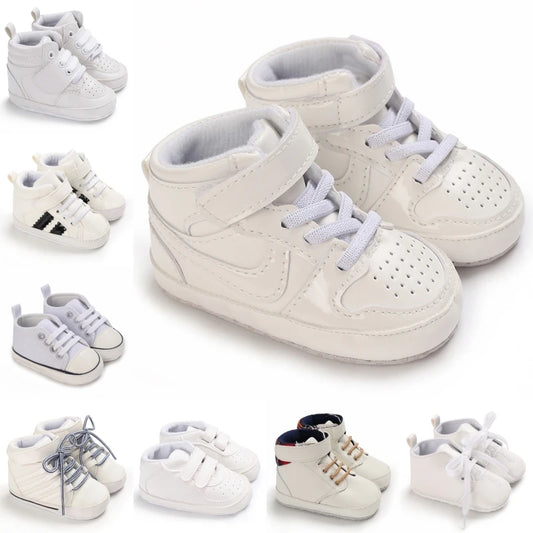 Spring and Autumn Baby Shoes Fashion Classic White PU High Top Sports Shoes Soft Sole Comfortable Casual Walking Shoes