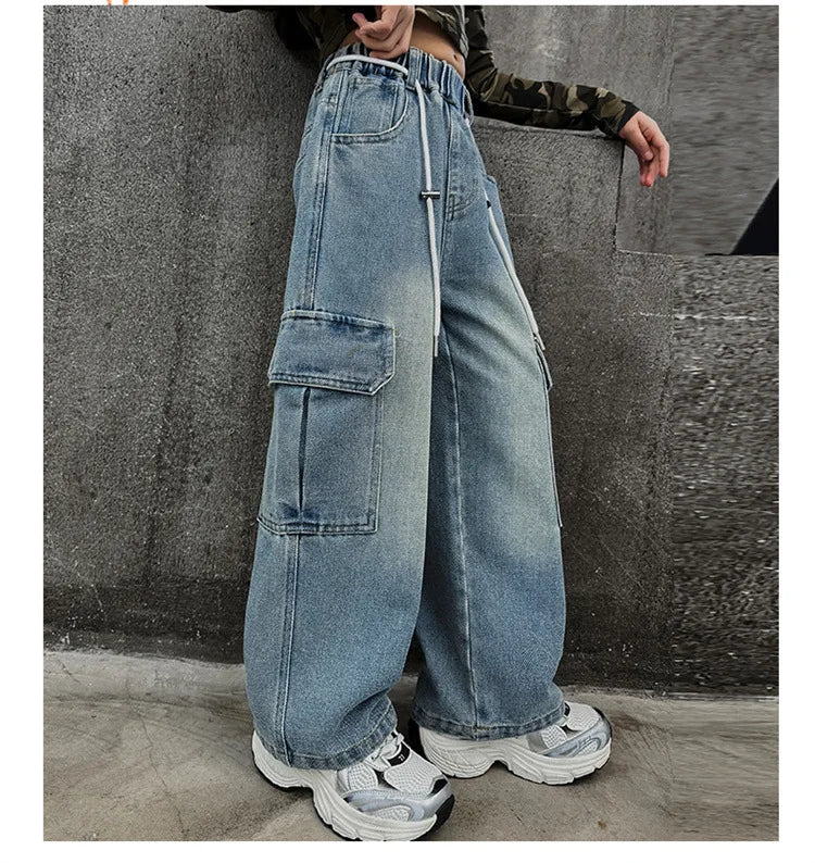 Cargo Jeans for Girls Spring Autumn Loose Casual Elastic Waist Teenage Children Wide Leg Pants Design Streetwear Kids Trousers