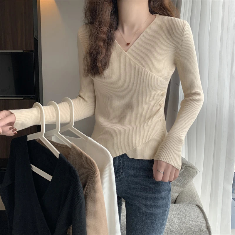 Surplice Sweater for Women Pullovers Ribbed Knit V-Neck Long Sleeve Button Side Plain Jumper Teen-girl Fall Winter Basic Outfit