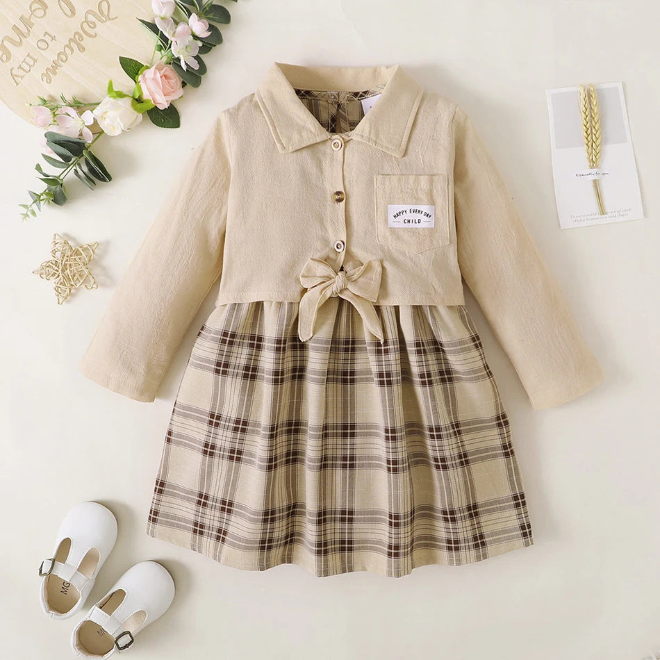 Children Clothing Elegant Almond-Colored Girls Dress Set Jacket and Grid Long Skirt Stylish Spring and Autumn Children Sets