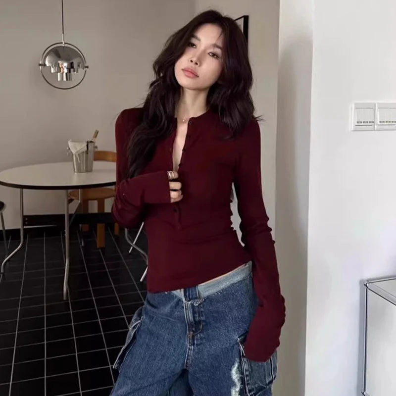 Wine Red Button Up Knitted Sweater Women Autumn Winter Long Sleeve Slim Fit Jumper Woman 2024 Streetwear Solid Basic Knitwear