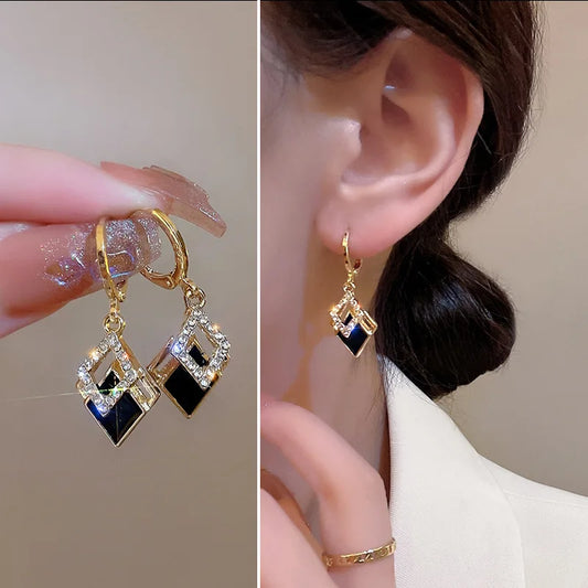 2023 Trending Black Rhinestone Statement Earrings for Women  Korean Gold Color Buckle Pendants Hanging Designer Earrings Jewelry