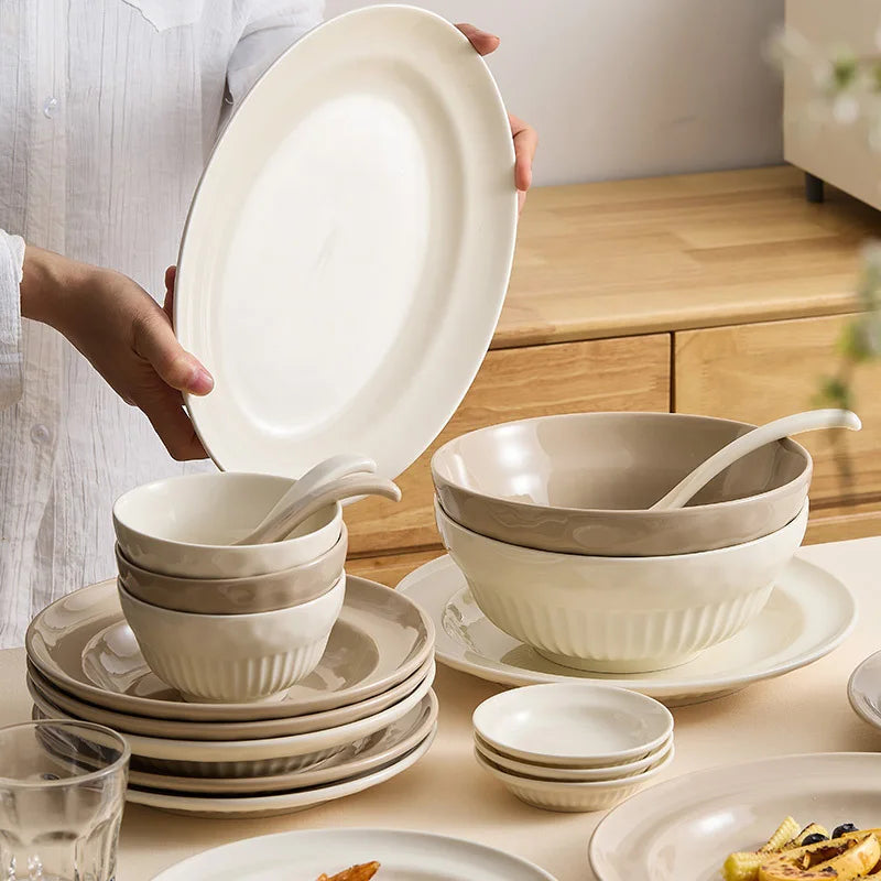 Cream Style Ceramic Bowl Set, High-end Japanese Kitchen Accessories, Dishes, Tableware Set, Chinese Ceramic Tableware Set