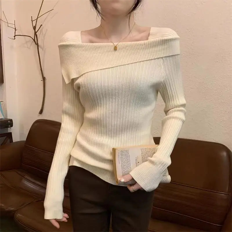 Women Slim Off Shoulder Knit Sweater Slash Neck Long Sleeve Knitwear Jumpers Office Sweater For Women 2023 Autumn Winter