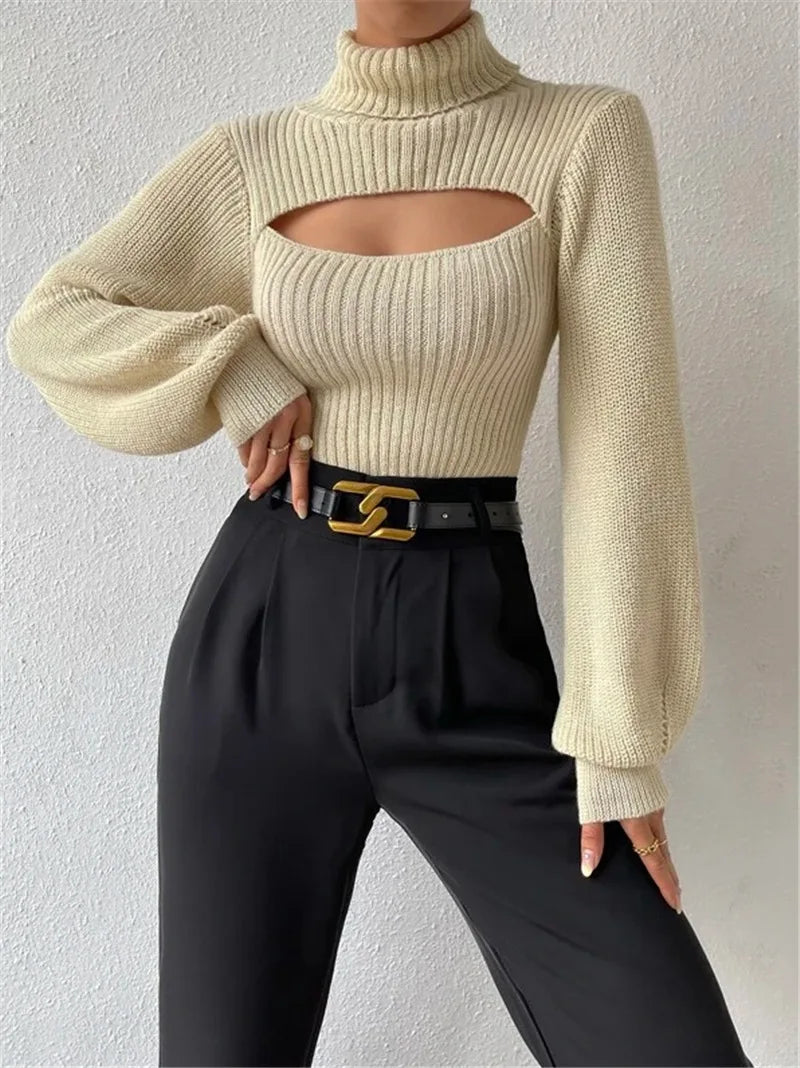 Chest Hollowed-out Sexy Sweater Design Sexy Loose Matching Sweater Fall Winter Turtleneck Hollowed-out Sweater Women Wear Top