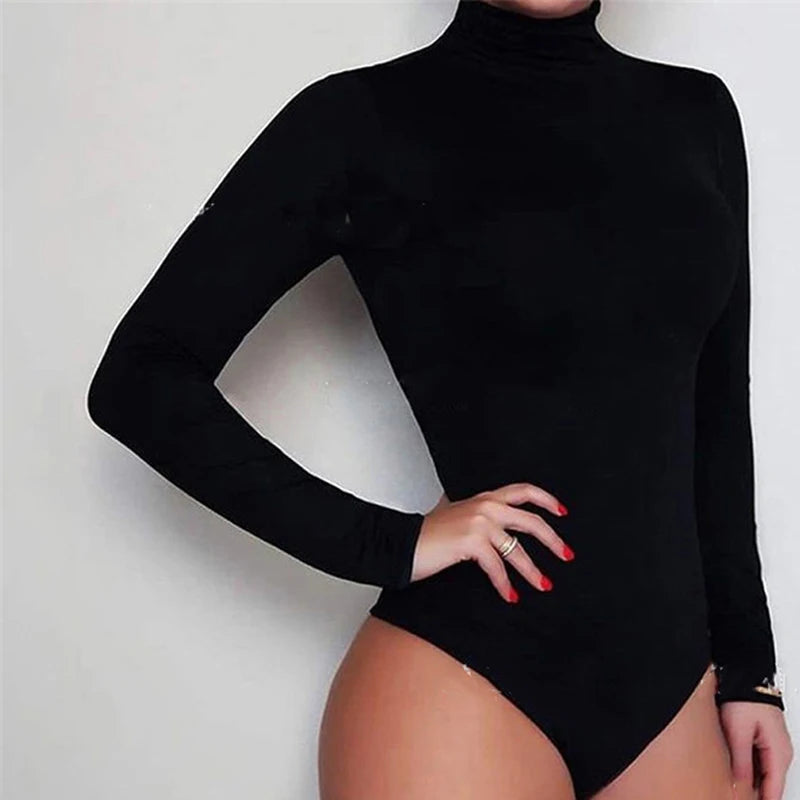 Women Black Long Sleeve Bodysuit Autumn Winter Turtleneck Bodysuits Womens Sexy Bodycon High Waist Romper Body