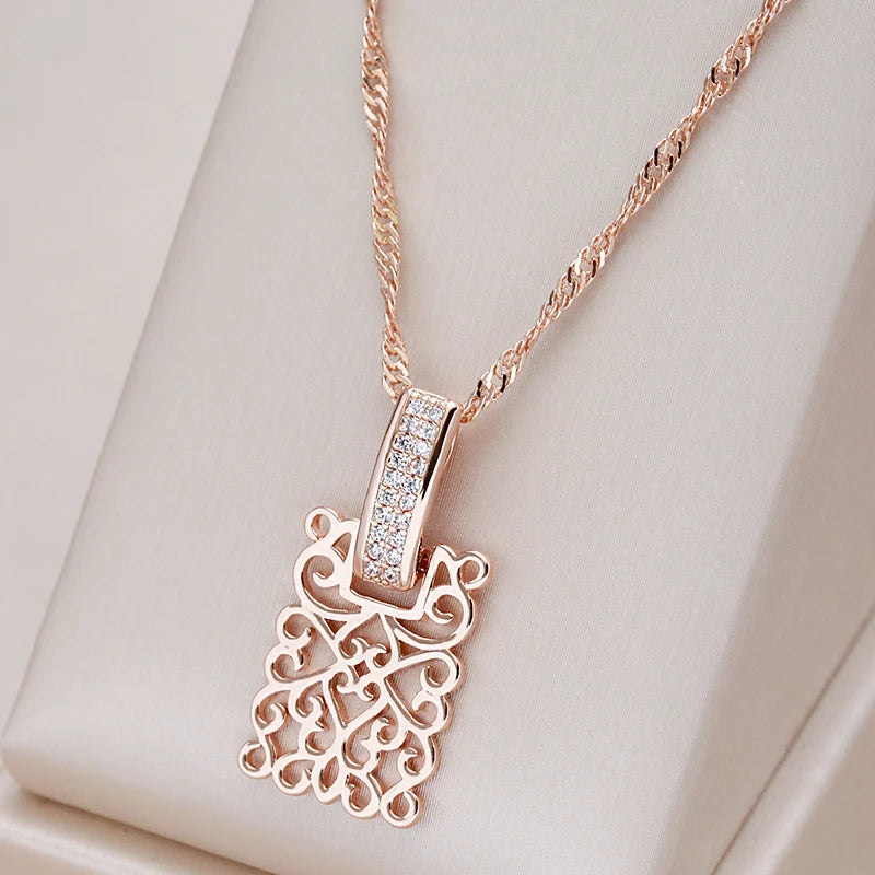 Kienl Hot 585 Rose Gold Square Long Pendant Necklace for Women Vintage Natural Zircon Glossy Metal Necklace Trend Daily Jewelry