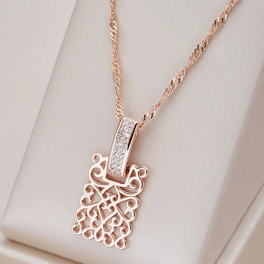 Kienl Hot 585 Rose Gold Square Long Pendant Necklace for Women Vintage Natural Zircon Glossy Metal Necklace Trend Daily Jewelry