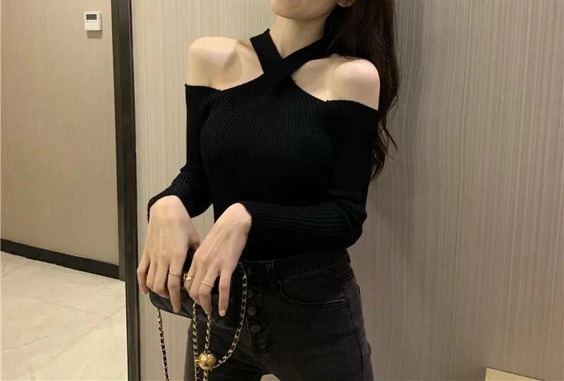 Women Off Shoulder Jumpers Knit Long Sleeve Warm Pullovers Cross Neck Halter Sweater Women Casual Sweater Autumn Winter 2023