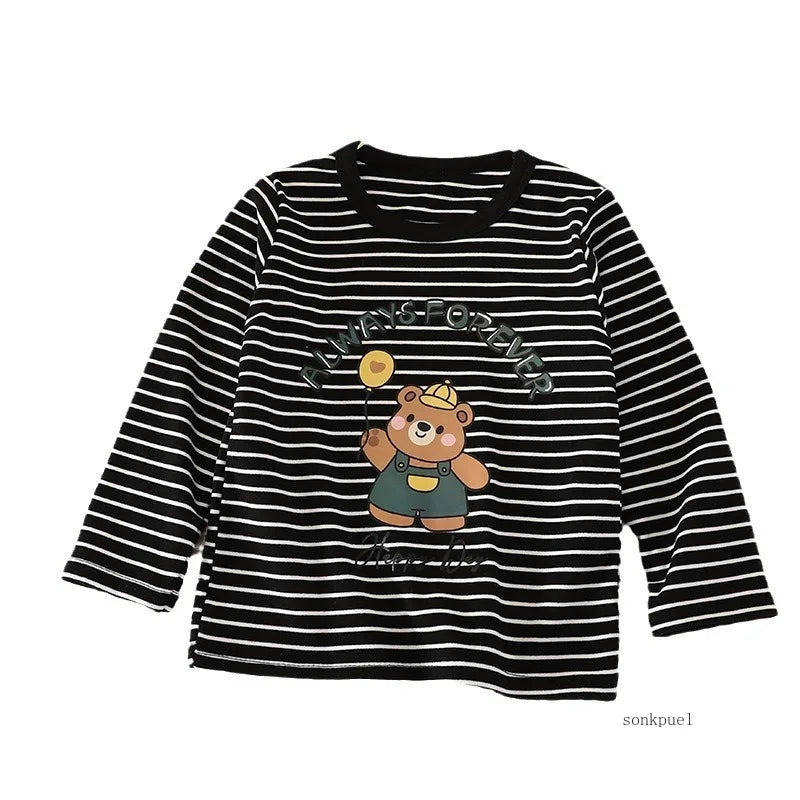 Baby Striped Shirt Autumn Winter Costume Child Boys Girls Cartoon Casual Loose Long-sleeved Tops Underwear