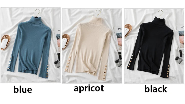 Thick Sweater Pullovers Long Sleeve Tops Women Autumn Winter Clothes Slim Knit Soft Jumper Streetwear Button Turtleneck Sweater