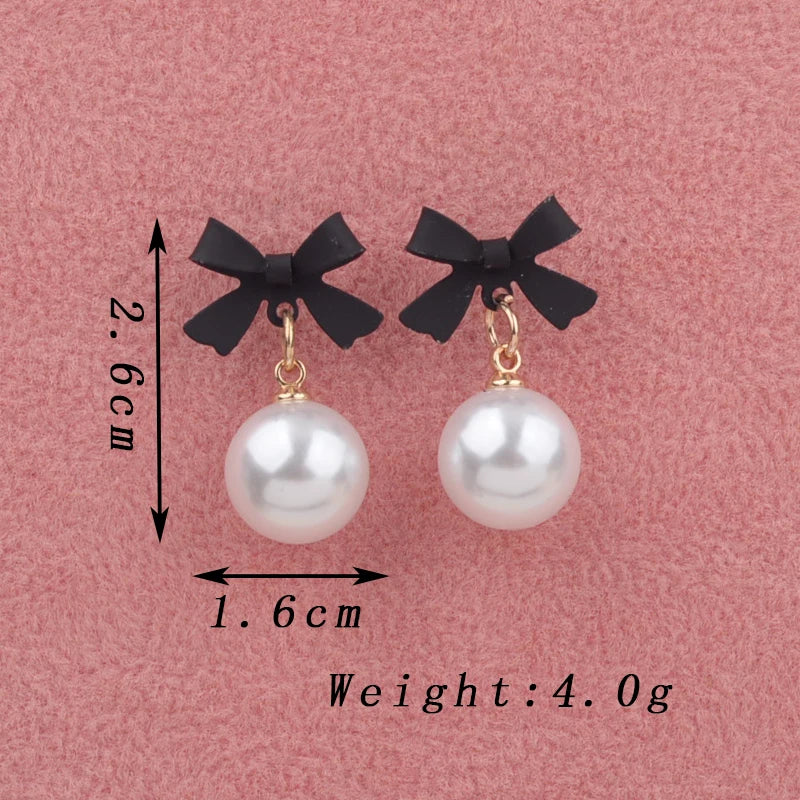 Red Black Bow Knot Drop Earrings for Women Elegant Party White Round Imitation Pearl Dangle Earrings Geometry Party Jewelry Gift