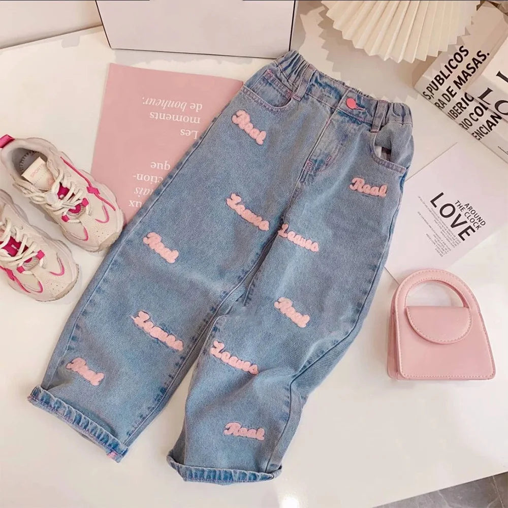 2024 Spring Autumn Girls Clothing Set Solid Color Long Sleeve Top+Letter Print Wide Leg Jeans 2Pcs For 4-12Y Kids Fashion Outfit