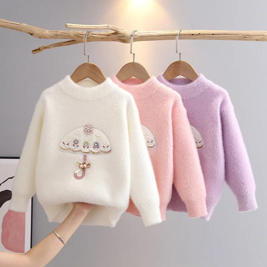 3-11 Yrs Autumn Winter Baby Girls Knit Long Sleeve Umbrella Pattern Children Girl Tops Sweater 2023 Floral Kids Pullover GY08131