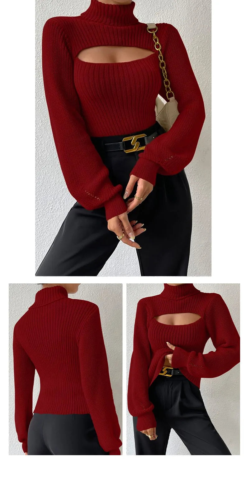 Chest Hollowed-out Sexy Sweater Design Sexy Loose Matching Sweater Fall Winter Turtleneck Hollowed-out Sweater Women Wear Top