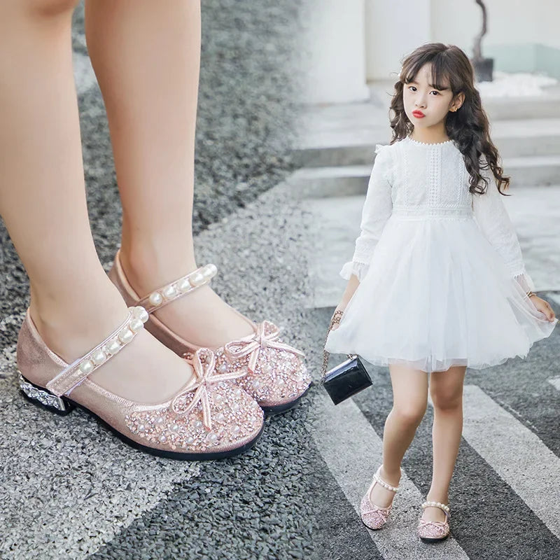 New Children Princess Party Girls Shoes Mary Janes Flats Fling Shoe Baby Fashion Pearl Rhinestone Dance Shoes Kids Wedding Shoe