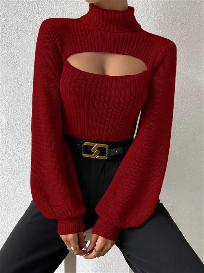 Chest Hollowed-out Sexy Sweater Design Sexy Loose Matching Sweater Fall Winter Turtleneck Hollowed-out Sweater Women Wear Top