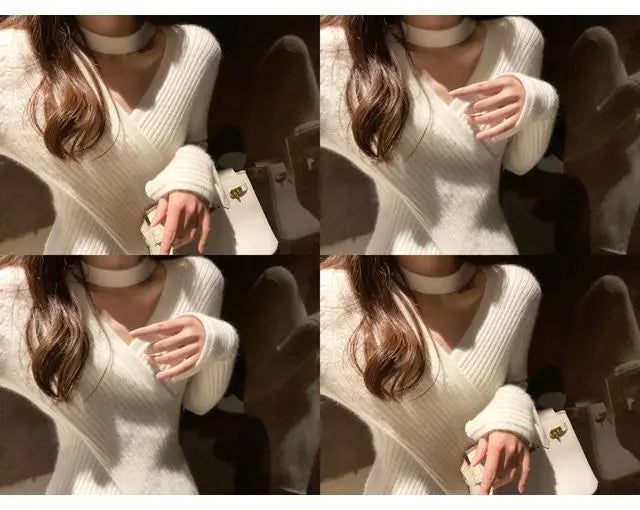 Women Clothing Fashion Chic V-Neck Knitted Top Spring Autumn Hanging Neck Design Knitwear Lady Commute Soft Comfort Pullover