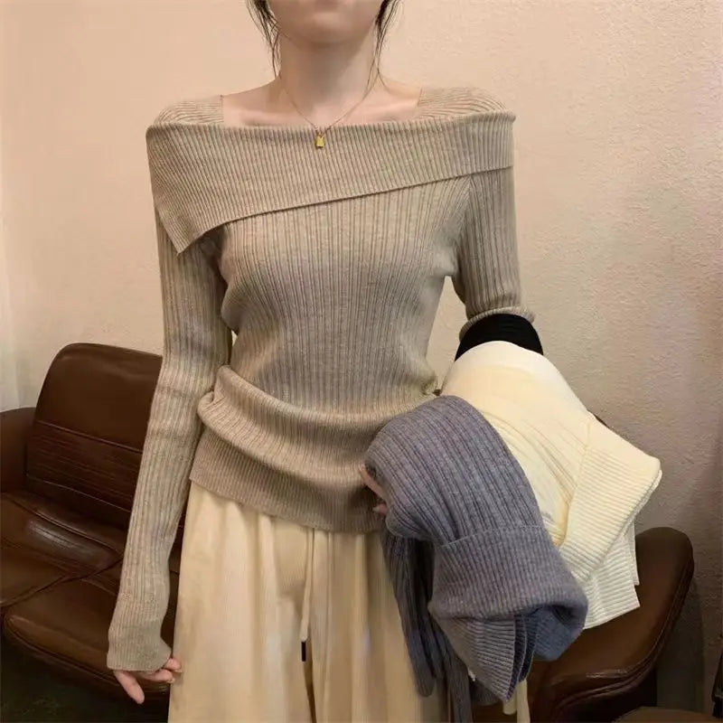 Women Slim Off Shoulder Knit Sweater Slash Neck Long Sleeve Knitwear Jumpers Office Sweater For Women 2023 Autumn Winter