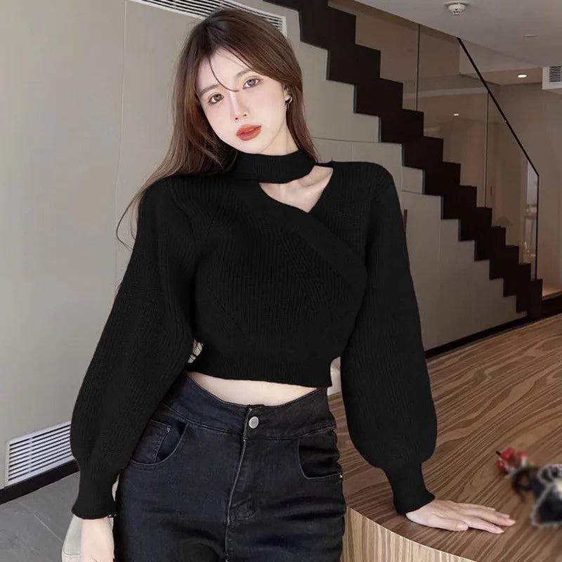 Women's Neck Hanging Solid Sweater Warm Pullover Sweater V-neck Cross Neck Off Shoulder Knitwear Tops