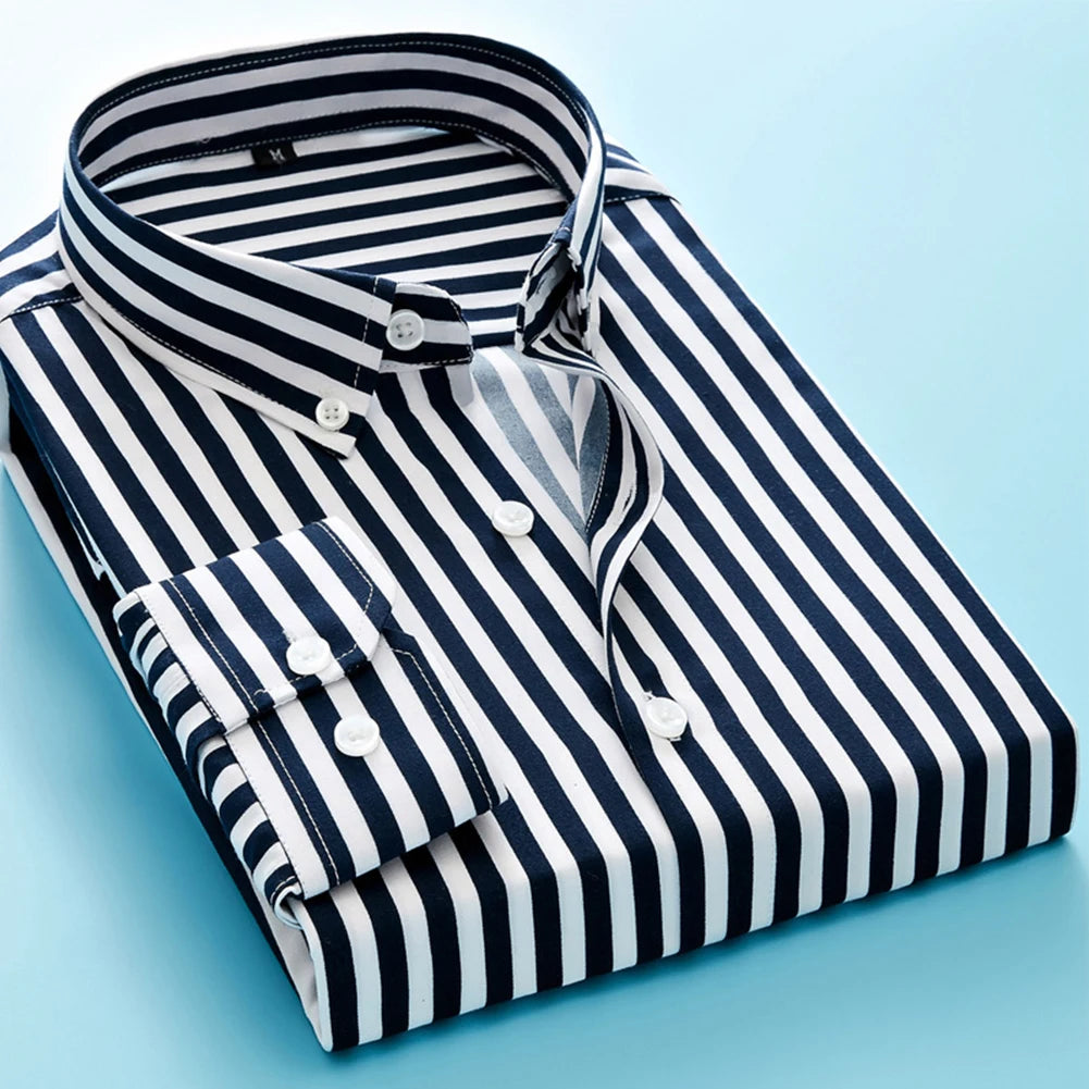 Mens Casual Striped Long Sleeve Band Collar Button Down Formal Shirt Dress Up Shirts