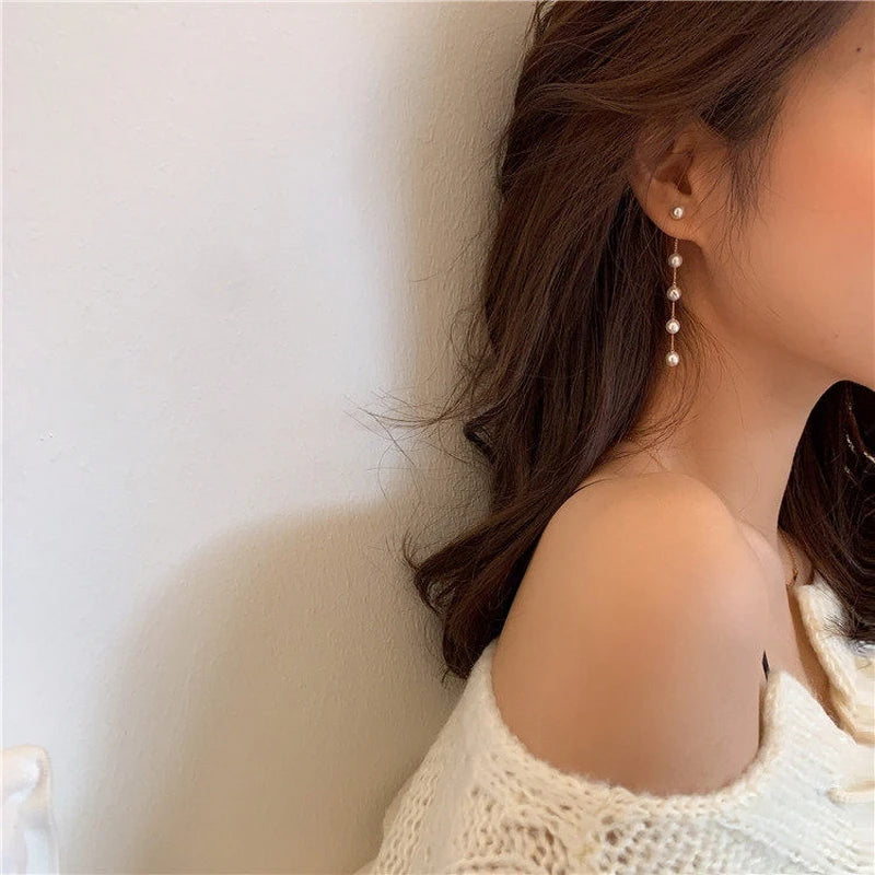 Trend Simulation Pearl Long Earring For Women Fashion Korean Crystal Rhinestone Chain Drop Earrings Bridal Wedding Party Jewelry