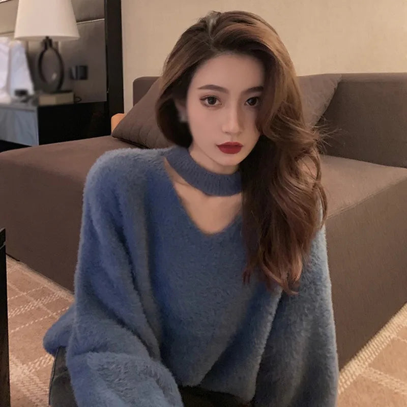 Autumn and Winter Fashion Women Loose Sweater Hanging Neck Solid Color Korean Version V-neckKnitwear