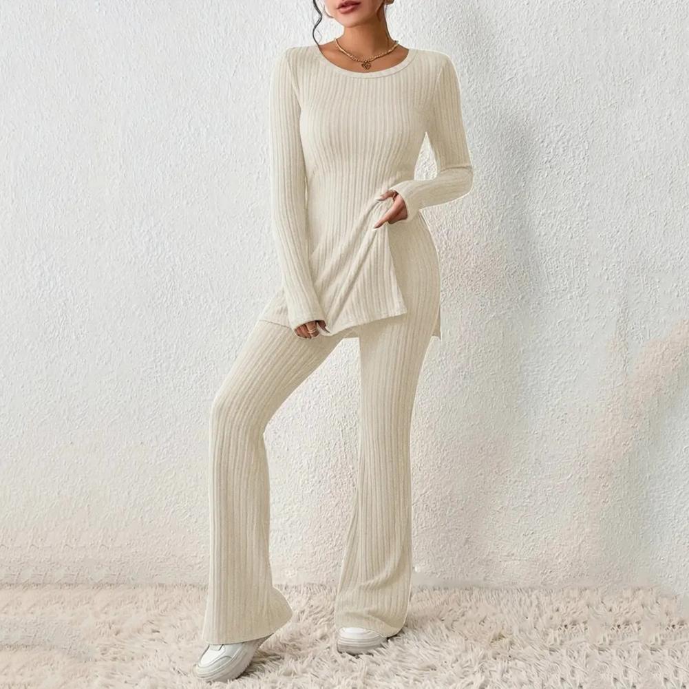 2023 Fall Winter Knitted 2 Piece Suits Women Long Sleeve Ribbed Slit Long Top and High Waist Pencil Pants Set Fashion Outfit