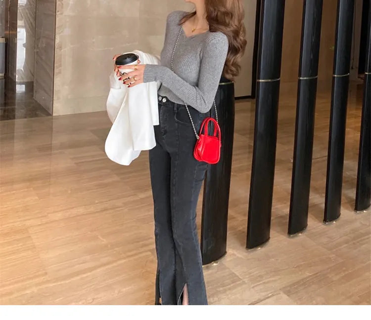 ITOOLIN Women Slim V-Neck Bottoming Sweater Autumn Winter For Women Casual Pullovers Long Sleeve Knit Warm Office Sweater 2024