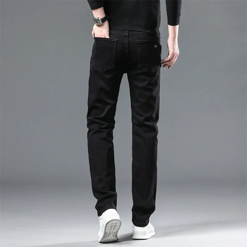 WTHINLEE Thick Fleece Men's Stretch Jeans Winter Thermal Warm Straight Casual Denim Trousers Black Soft Cozy Jean Pants