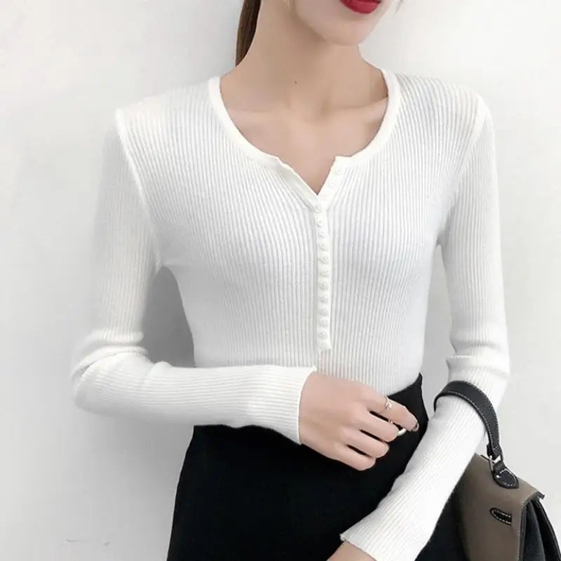 Autumn Winter Button V Neck Sweater Women Basic Solid Slim Pullover Women Sweaters Knitted Casual Jumper Ladies Tops