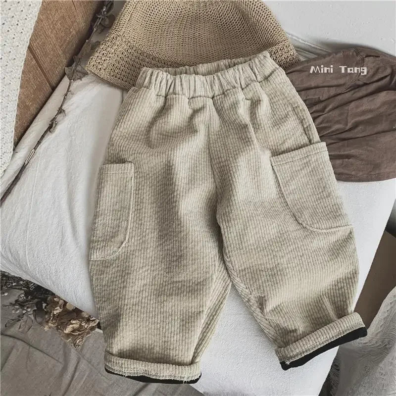 Winter Plush Warm Kids Pants 2024 Korea Style Children's Clothing Corduroy Plush Thick Warm Casual Pants for Boys Girls