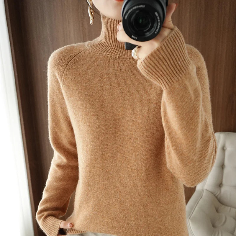 Turtleneck Merino Wool Pullover Basic Casual Cashmere Sweater Comfort Autumn Winter Women's Raglan Sleeve Clothing Tops