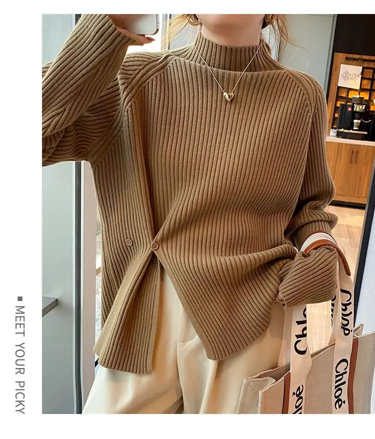 2024 Women Sweater Pullovers Turtlneck Casual Autumn Winter Split Fork Button Chic Sweater Female Slim Knit Top Soft Jumper Tops