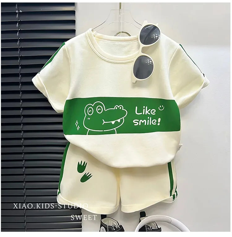 2024 New Kids Short Sleeve Suit Striped Girls Boys Set Summer Tops +short Baby Clothes Children's Wear