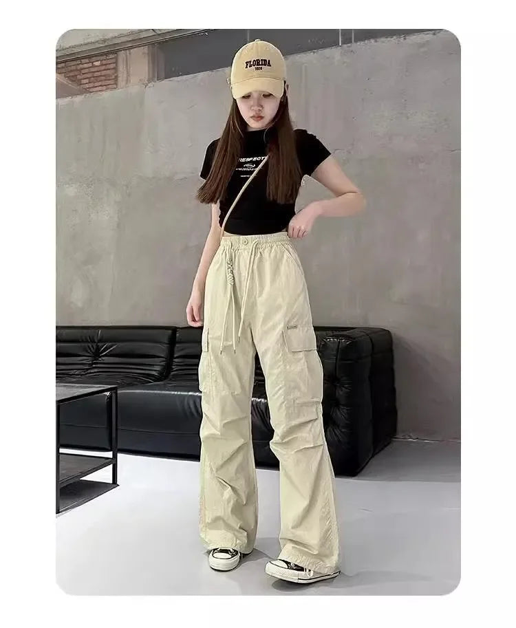 Girls Cargo Pants Summer Thin Loose-fit Wide-leg Long Pants New 2024 Trendy Junior High School Students Casual