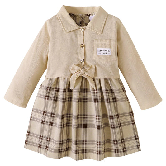 Children Clothing Elegant Almond-Colored Girls Dress Set Jacket and Grid Long Skirt Stylish Spring and Autumn Children Sets