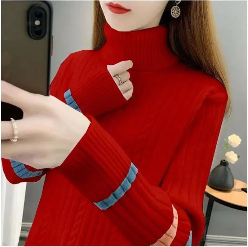 2023 Autumn Winter Women Turtleneck Sweater Soft Pullovers Loose Warm Elasticity Long Sleeved Knitted Sweater Jumper Female Tops