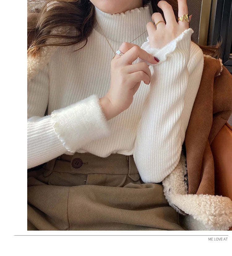 Autumn Winter Women Ruffles Mock Neck Sweater Thicken Fleece Warm Thermal Pullover For Women Cashmere Sweater 2023