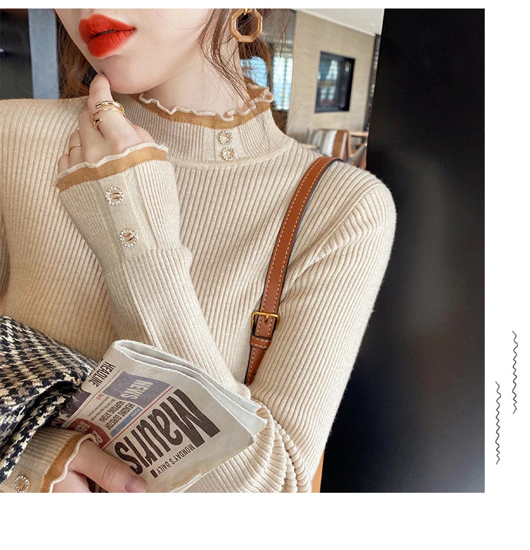 2024 Knitted Women Sweater O-neck Button Pullovers Spring Autumn Basic Sweaters for Female Pullover Slim Solid Bold Lace Tops