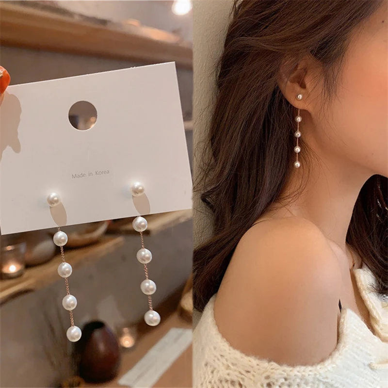 Trend Simulation Pearl Long Earring For Women Fashion Korean Crystal Rhinestone Chain Drop Earrings Bridal Wedding Party Jewelry