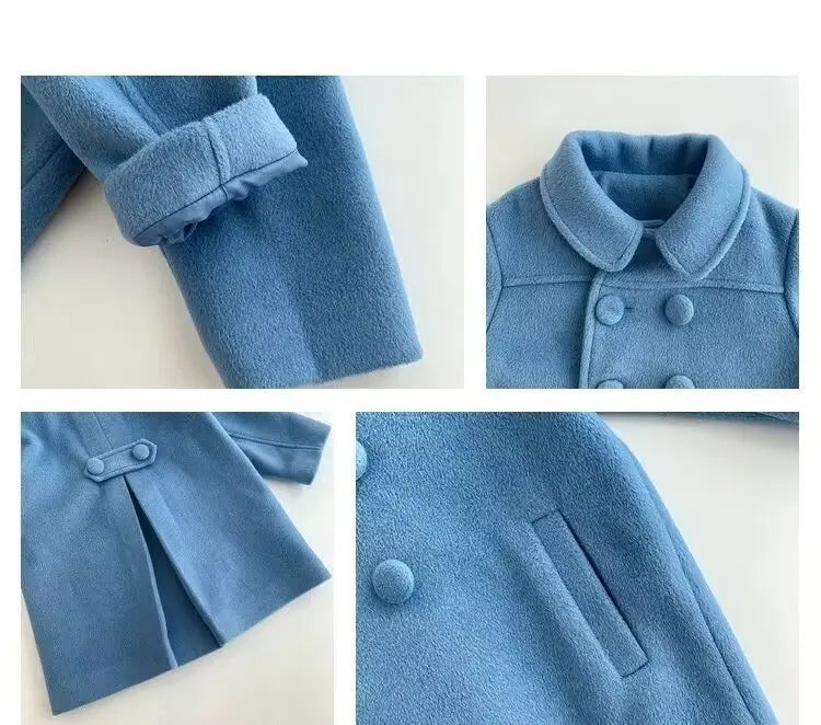 Winter Girl Baby Jacket Outdoor Cardigan Children's Medium Length Woolen Cotton Coat Thickened Double Breasted Jacket New 2024