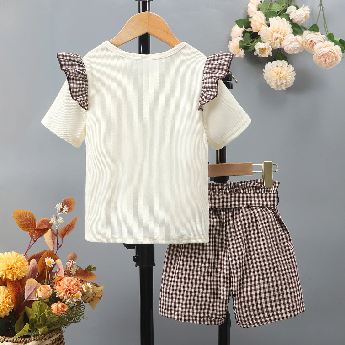 Plaid Splicing Two-Piece Set, Ruffle Short Sleeve Top + Plaid Shorts Set Sweet Fashion Clothes Girls Summer Outfit