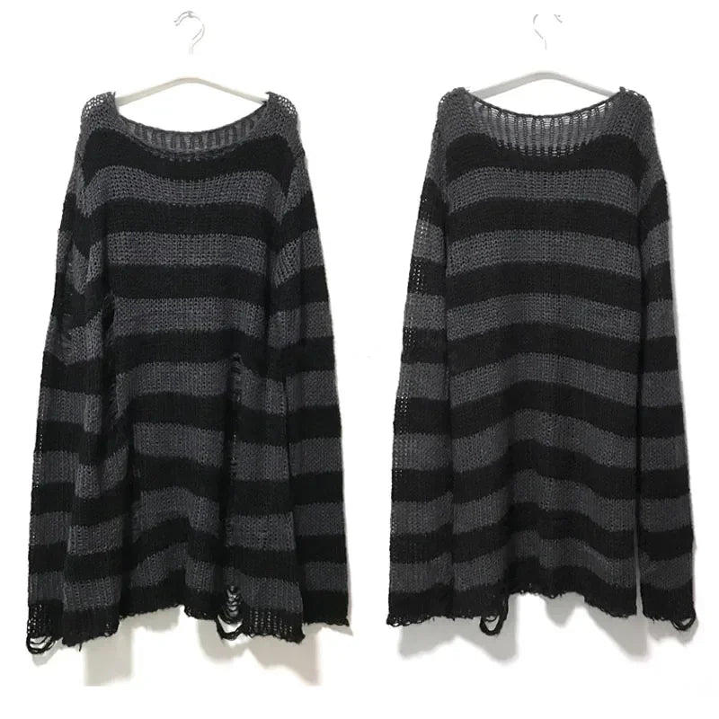 Autumn Punk Gothic Top Long  Unisex Sweater Women Striped Cool Hollow Out Hole Broken Jumper Loose Rock Thin Dark Streetwear