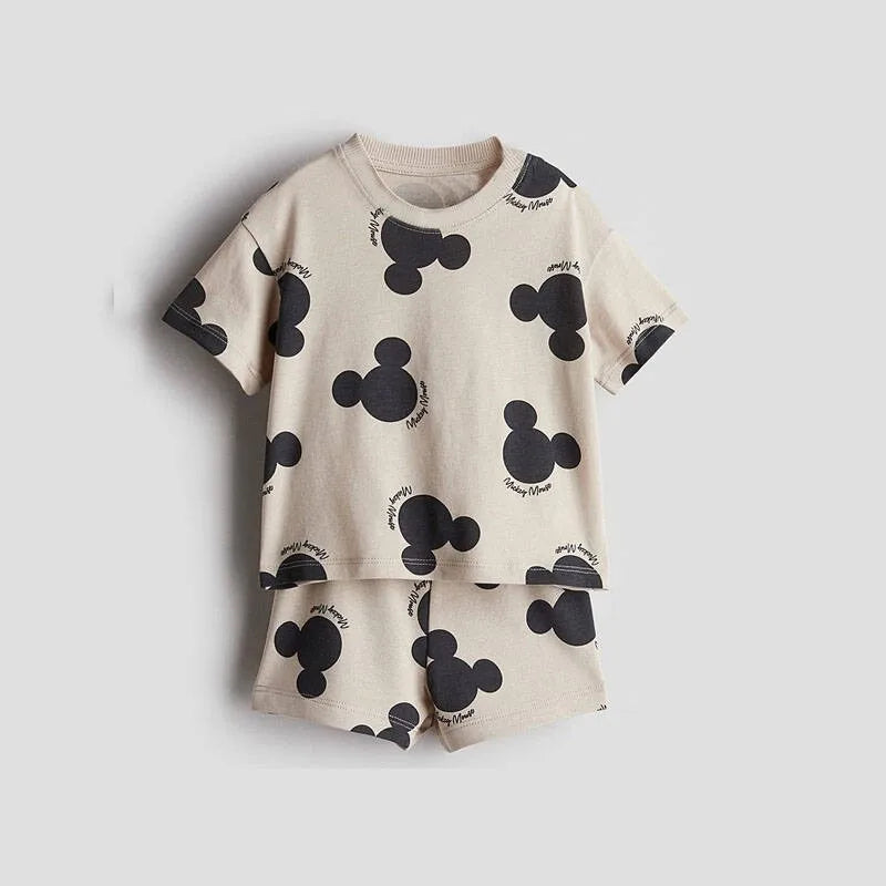 Full Print Mickey T-shirt Shorts Two Piece Set Disney Summer Clothing Kids Cartoon Tees Loose Shorts Short Sleeve Tracksuits