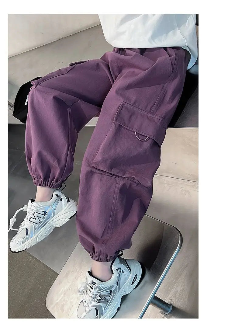 Girls Purple Casual Pants Big Children's Clothing Korean Black Cargo Long Pants Girls 2024 Spring Fashion New Cotton Trousers