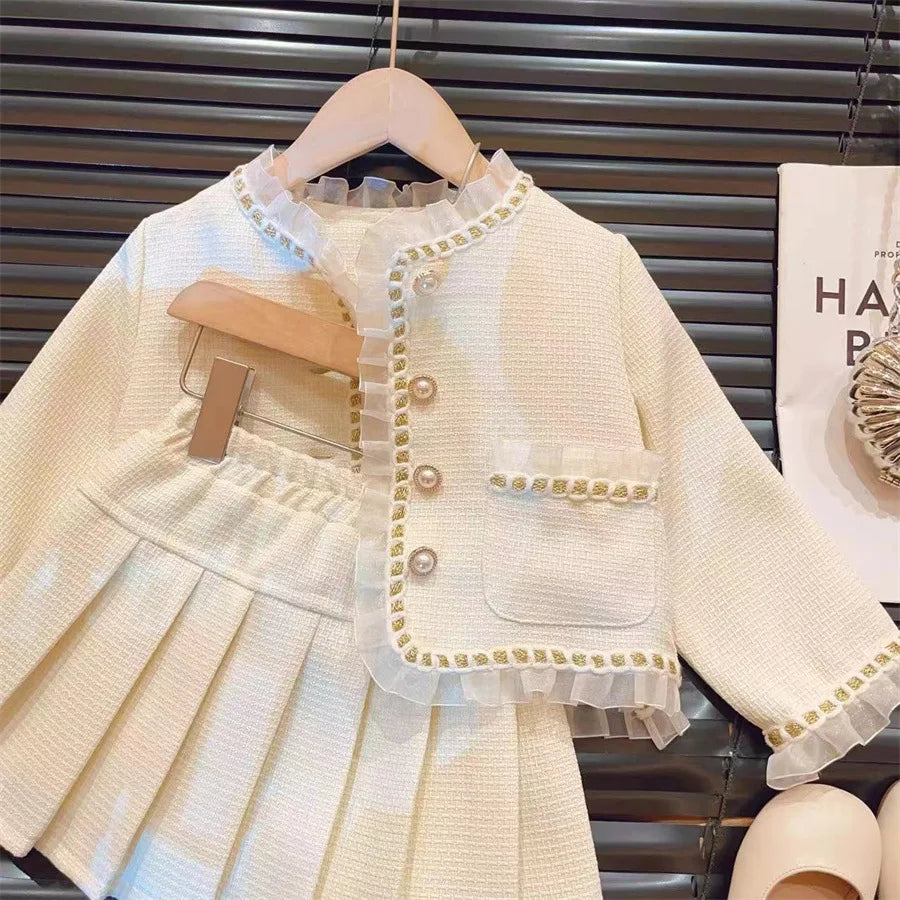 New Childrens Clothing 2024 Spring and Autumn Collection Girls Lace Jacket Short Skirt Fashionable Two-piece Set