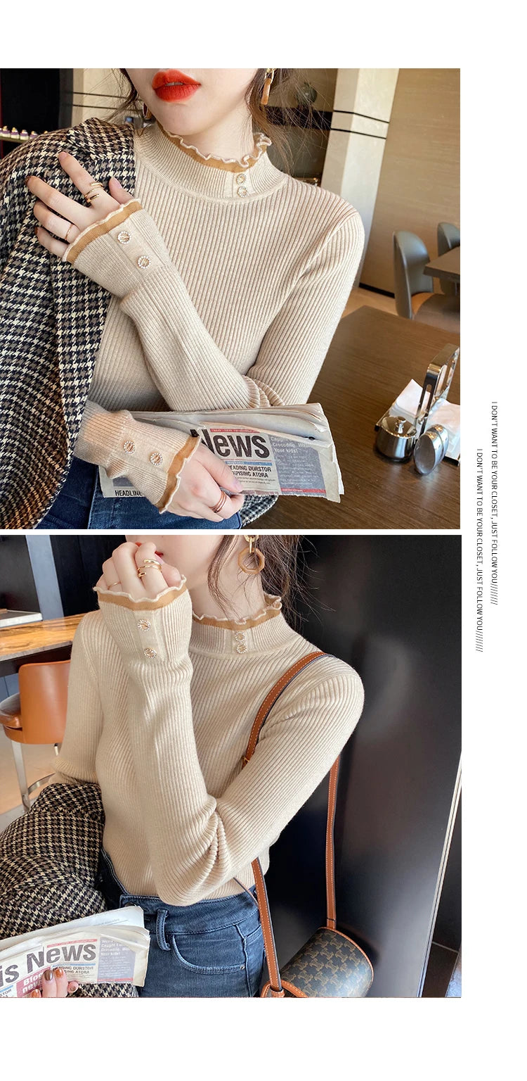 2024 Knitted Women Sweater O-neck Button Pullovers Spring Autumn Basic Sweaters for Female Pullover Slim Solid Bold Lace Tops